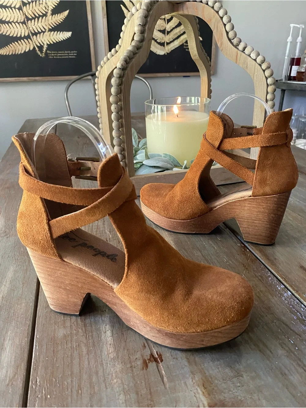 Free People Cedar‎ Clogs Leather Wooden Platform Ankle Boots Womens 36 Tan Brown